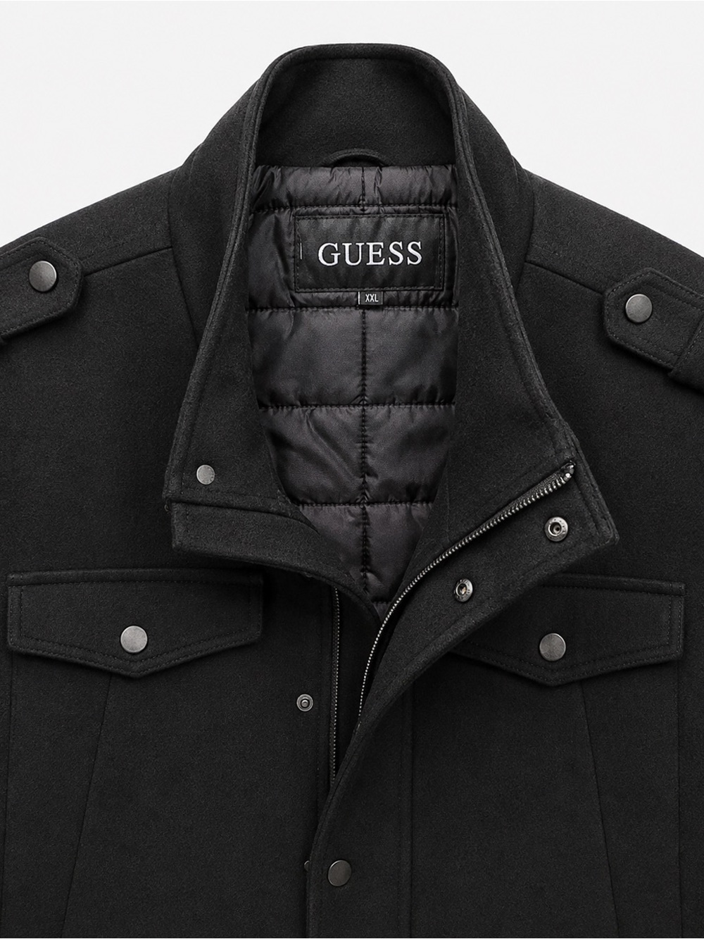 GUESS Black Military-Style Wool Blend Field Jacket